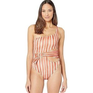 Vince Camuto Hammock Stripe One Shoulder Ring Wrap One-Piece in Papaya Red